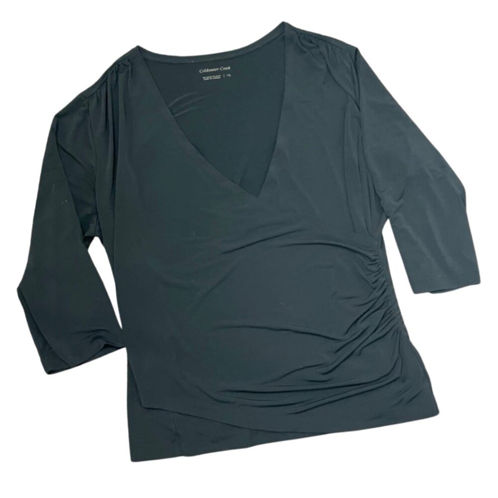 COLDWATER CREEK | Women's Black Slinky Knit Faux Wrap Blouse | Size 1X